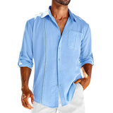 Casual  Long Sleeve Shirt With Pocket Lace Polo Collar Solid Color Button Mens Clothing - Minihomy