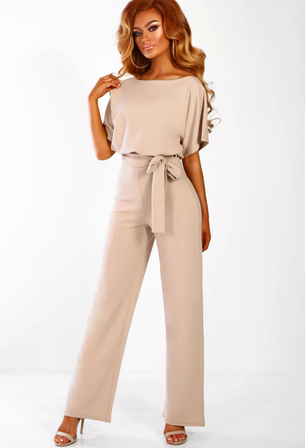 Women's Short Sleeve Lace Up Jumpsuit with Button Detail - 7 Colors