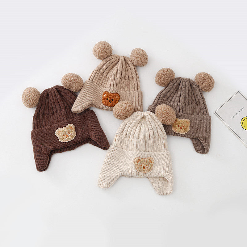 Baby Hat Warm Earflaps Cap Cute Bear Knitted Woolen Cap - Minihomy