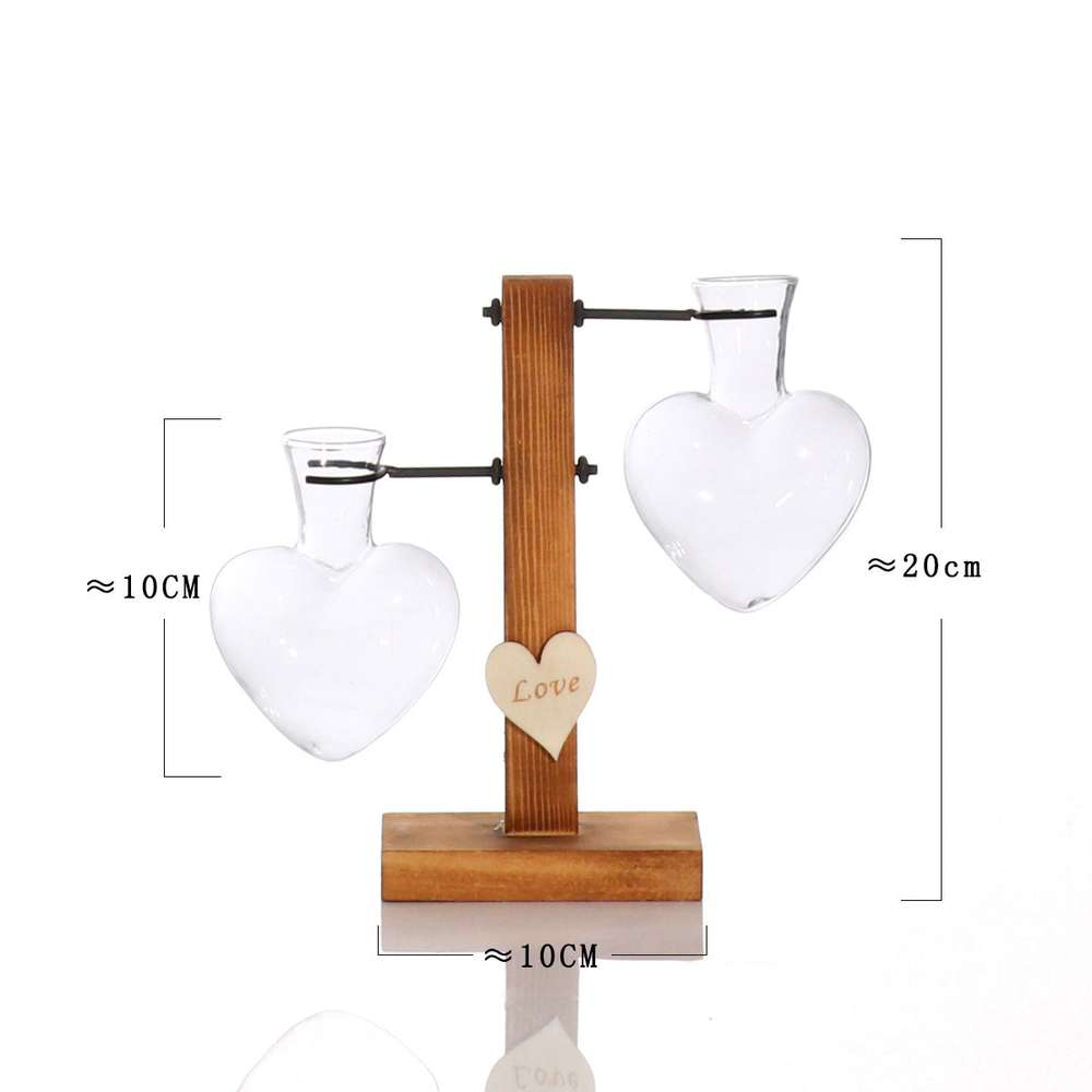 Love Heart Shape Clear Glass Hydroponic Flower Vase with Wooden Stand - Minihomy