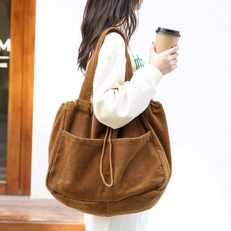 Ins Corduroy Shoulder Bags Drawstring Multi-pocket Handbag Women Underarm Bags - Minihomy