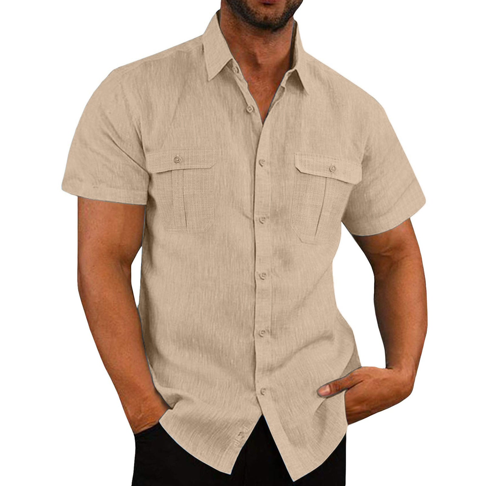 Men's Button Short Sleeve Shirt Summer Casual Double Pocket Wide Collar Beach Shirt Summer - Minihomy