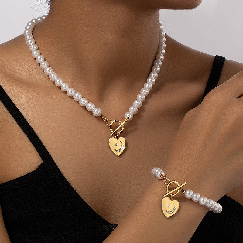 Pearl Bracelet And Necklace Set Female With Hearts Clavicle Chain - Minihomy