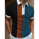 Short Sleeve POLO Shirt Casual Striped Plaid Print Zip Sweatshirt