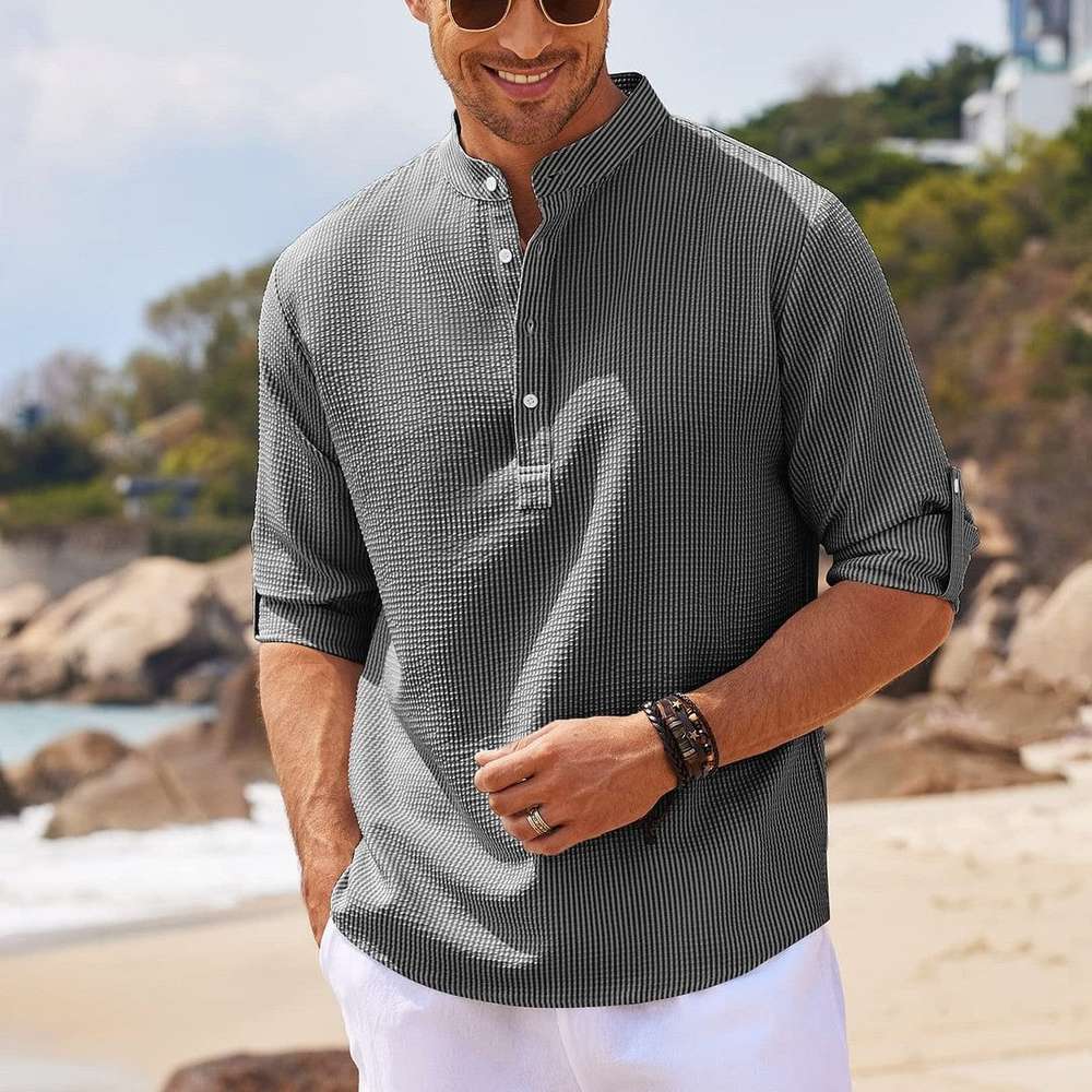 Men's Long Sleeve Stand Collar Solid Color Shirt Mens Clothing - Minihomy