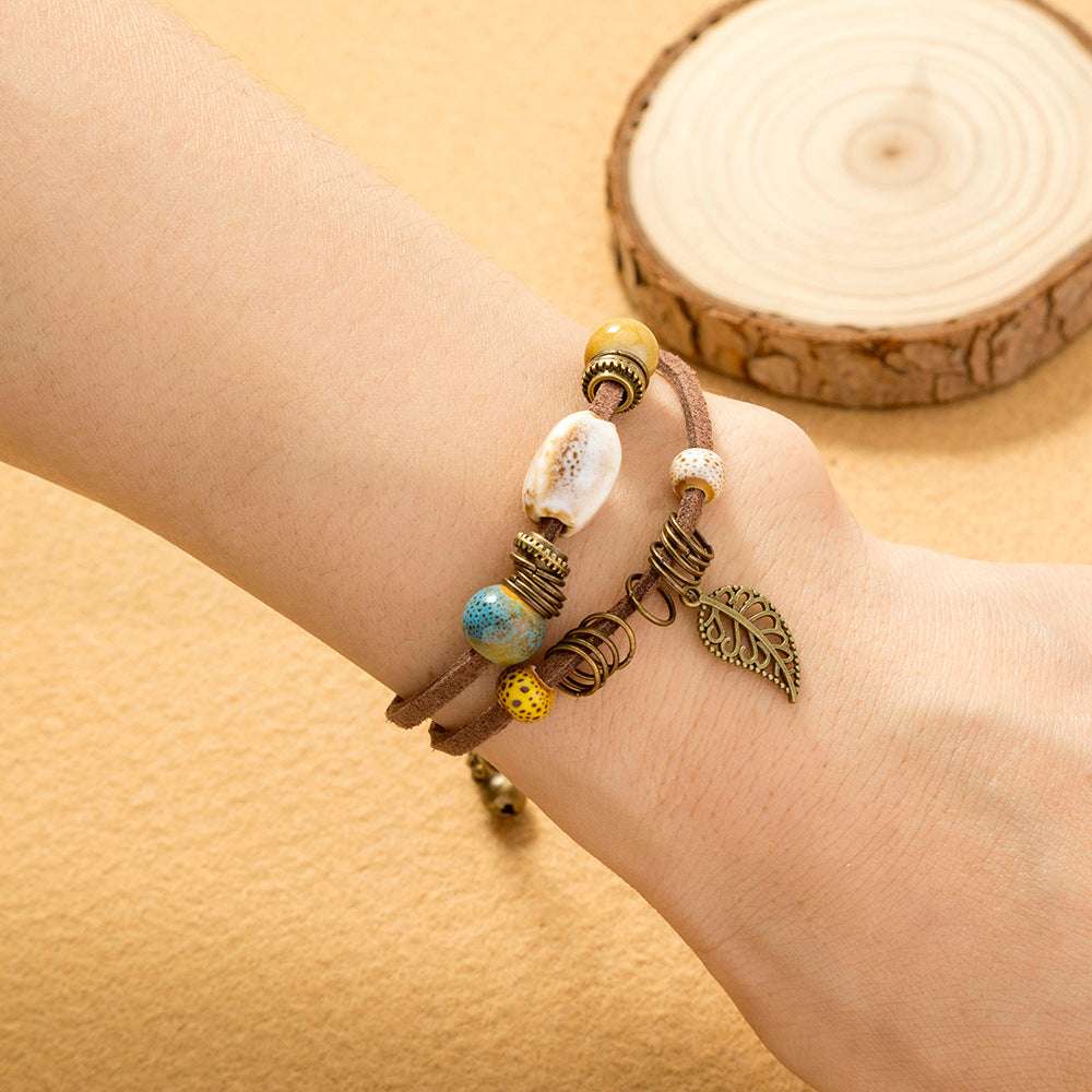 Hand-woven Cowhide Rope Bracelet Ceramic Bohemian Couple Bracelets - Minihomy