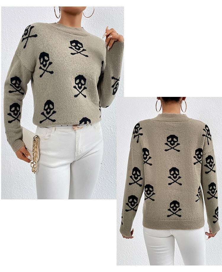 Jacquard Crewneck Pullover Knitted Sweaters For Women Casual Skull Halloween Sweater - Minihomy