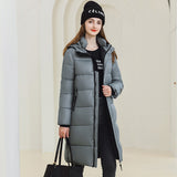 Women's Long Winter Hooded Coat - Warm Cotton Jacket with Pockets