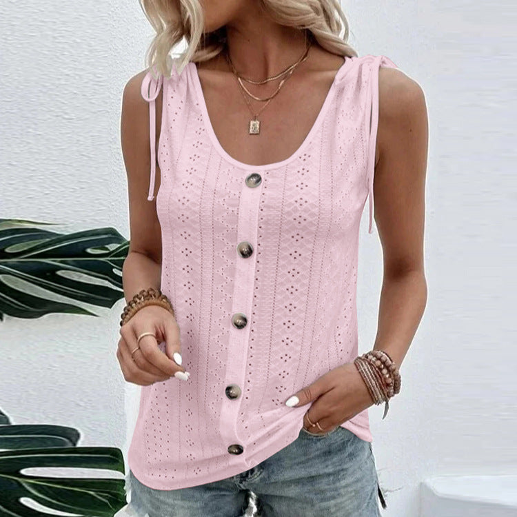 Casual Solid Color U-neck Vest Women Shoulder With Bow Tie Tops Summer T-shirt - Minihomy