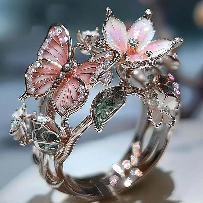 Gold Plated Butterfly Flower Crystal Ring for Women - Elegant Aesthetic Jewelry - Minihomy