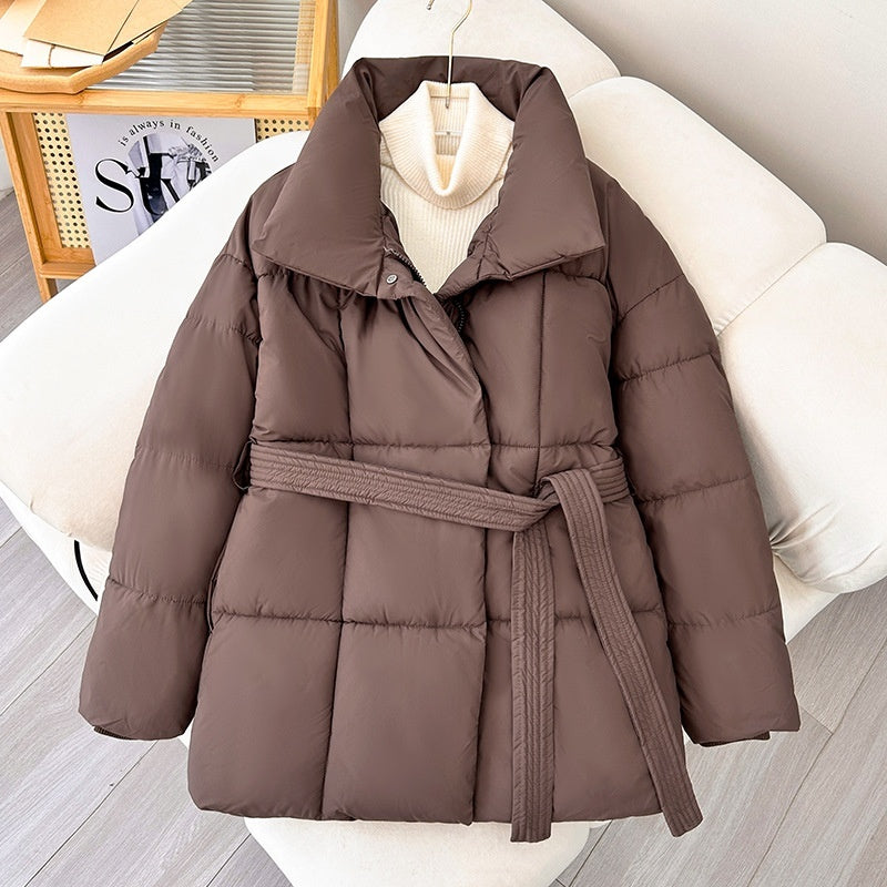 Women's Plaid Lapel Coat with Belt - Warm Winter Jacket