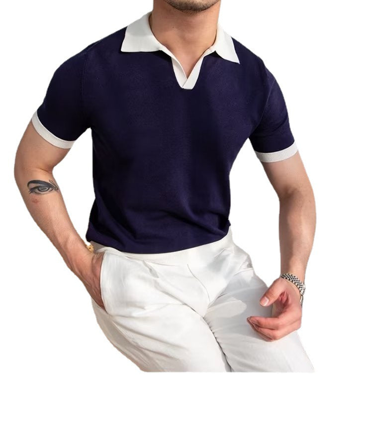 Men's Lazy Printed Japanese Solid Color Short-sleeved Polo Shirt - Minihomy