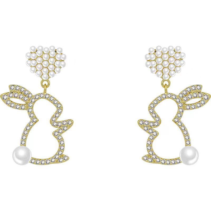 Pearl Bunny For Women Silver Pin Earrings - Minihomy