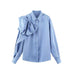 Casual Blue Striped Shirts For Women Lapel Long Sleeve Bowknot Patchwork Blouses - Minihomy