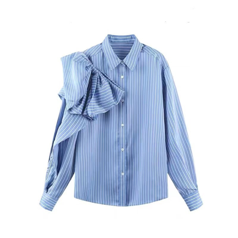 Casual Blue Striped Shirts For Women Lapel Long Sleeve Bowknot Patchwork Blouses - Minihomy