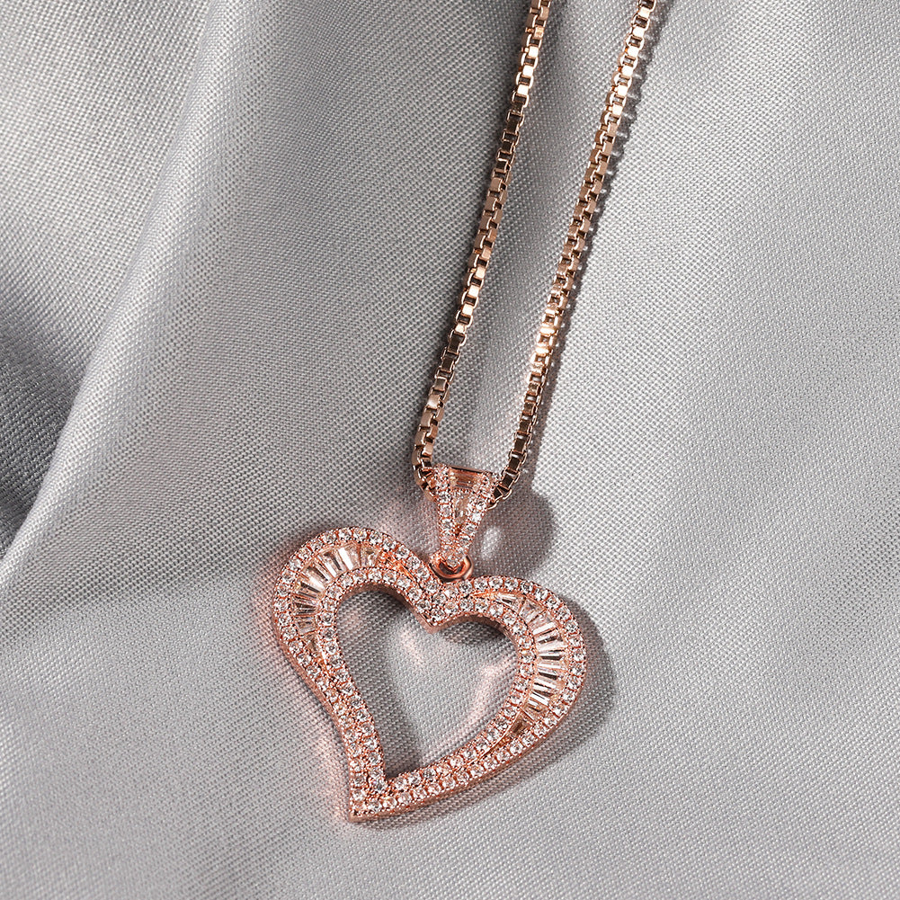 Square Zirconium Small Heart Pendant Necklace: Simple Hip Hop Style