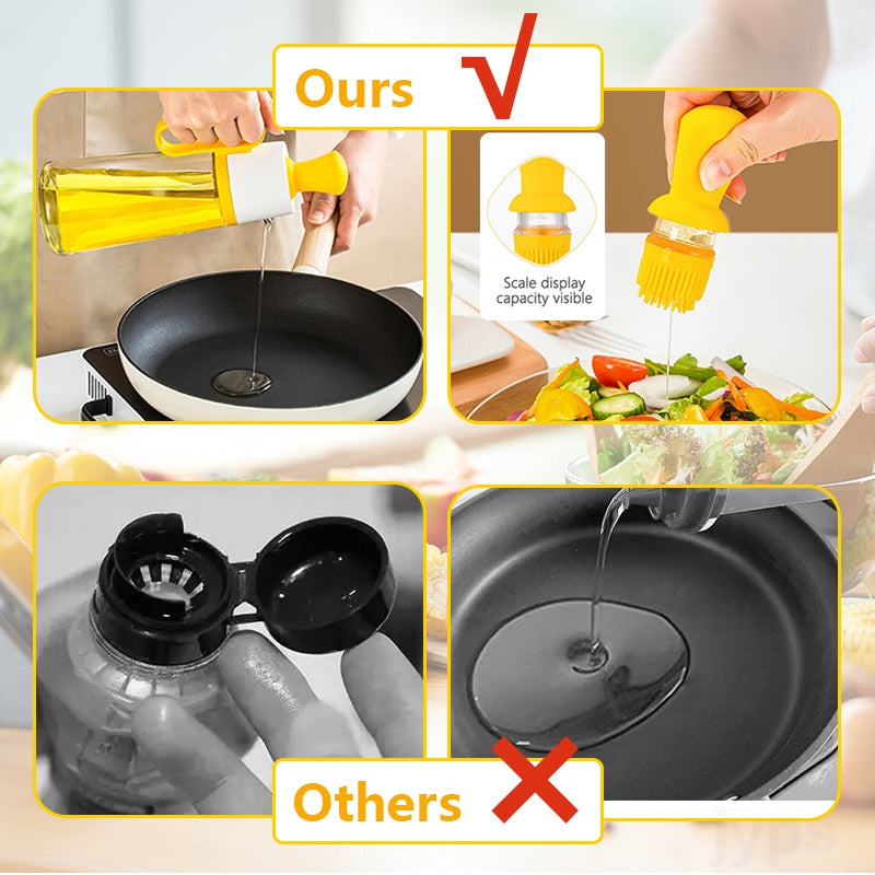 2-in-1 Oil Dispenser with Silicon Brush - BBQ Oil Spray Glass Bottle Silicone for Barbecue Cooking Seasoning - Minihomy