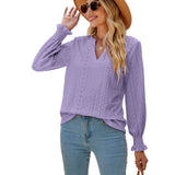 Solid Color Hollow-out Pleated Ruffle Shirt - V-neck Loose Long Sleeve Women's Top