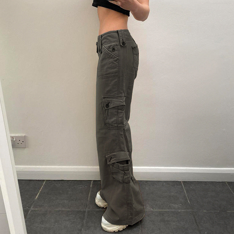 Low-Rise Multi-Pocket Pressed Loose Cargo Pants - Minihomy