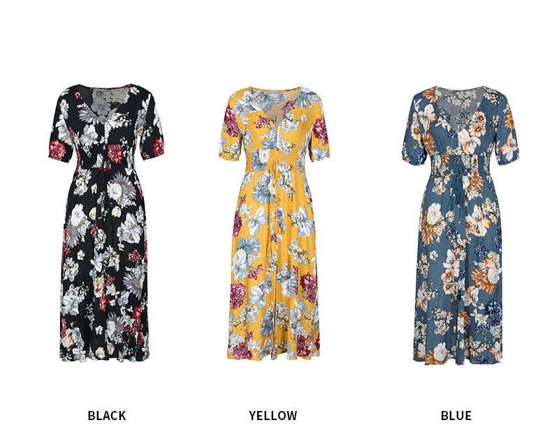 Floral Summer Beach Dress With V Neck Elastic Waist Dresses For Women - Minihomy