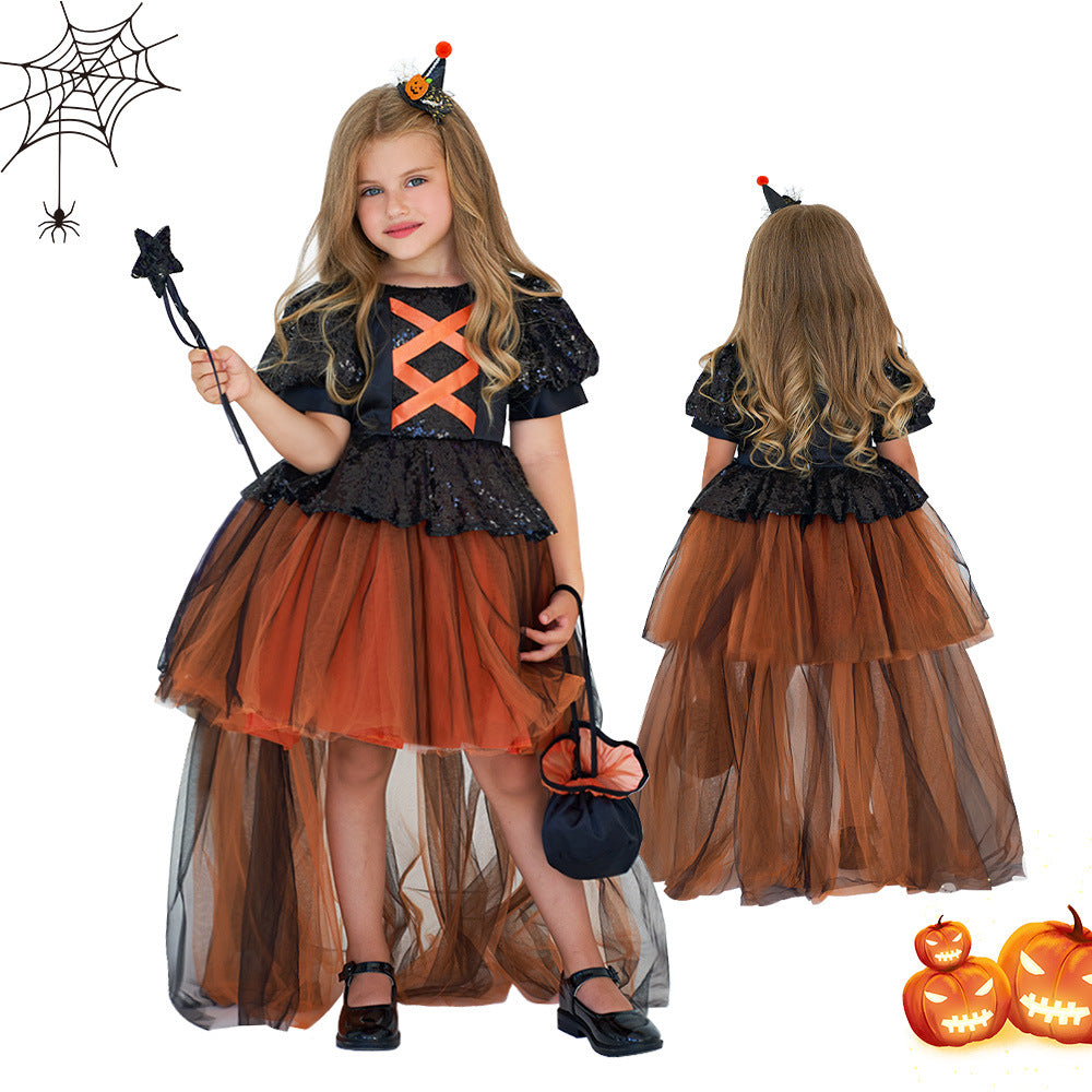 Halloween Girls' Witch Performance Costume Party Dress - Minihomy