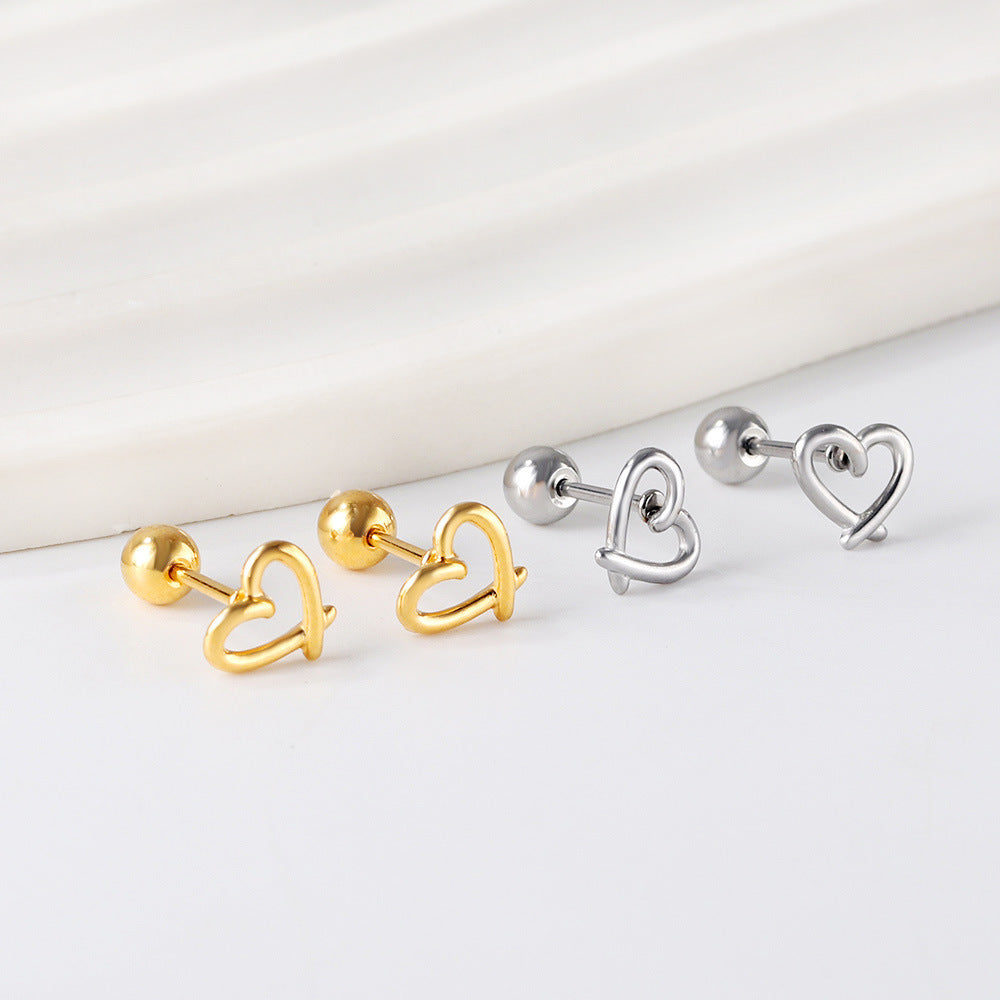 Love Heart Stud Earrings Stainless Steel Hollow Jeweled Earrings - Minihomy