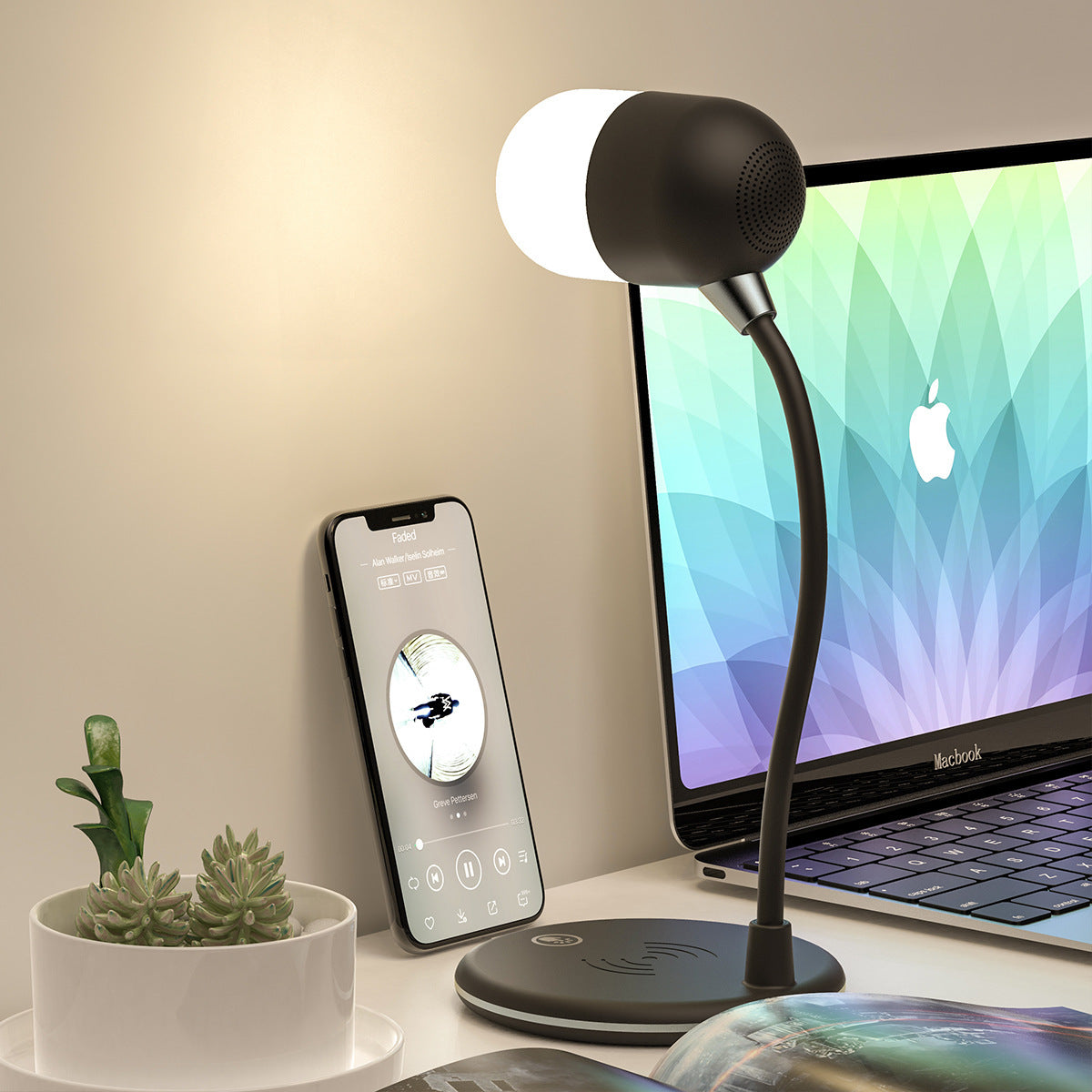 3-in-1 Desk Lamp with Wireless Charging, Bluetooth Speaker & USB - Dimmable Nightlight for Bedroom - Minihomy