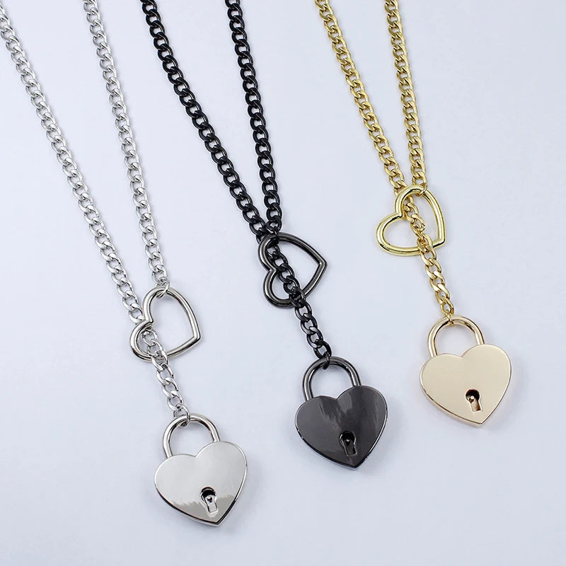 Adjustable Heart Lock Cuban Chain Necklace with Key - Silver/Gold - Minihomy