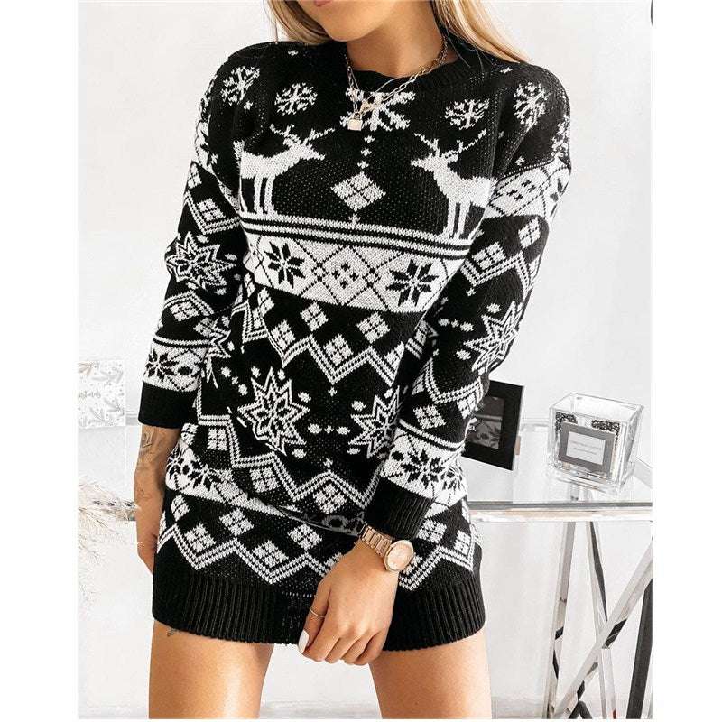 Elk Snowflake Christmas Jacquard Knitted Dress Long Knitted Sweaters - Minihomy