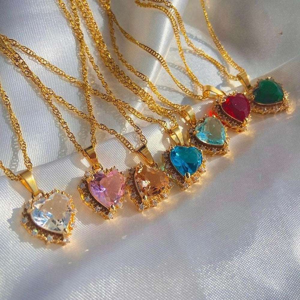 Colorful Rhinestones Heart-shaped Necklace - Love Gold Clavicle Chain - Minihomy