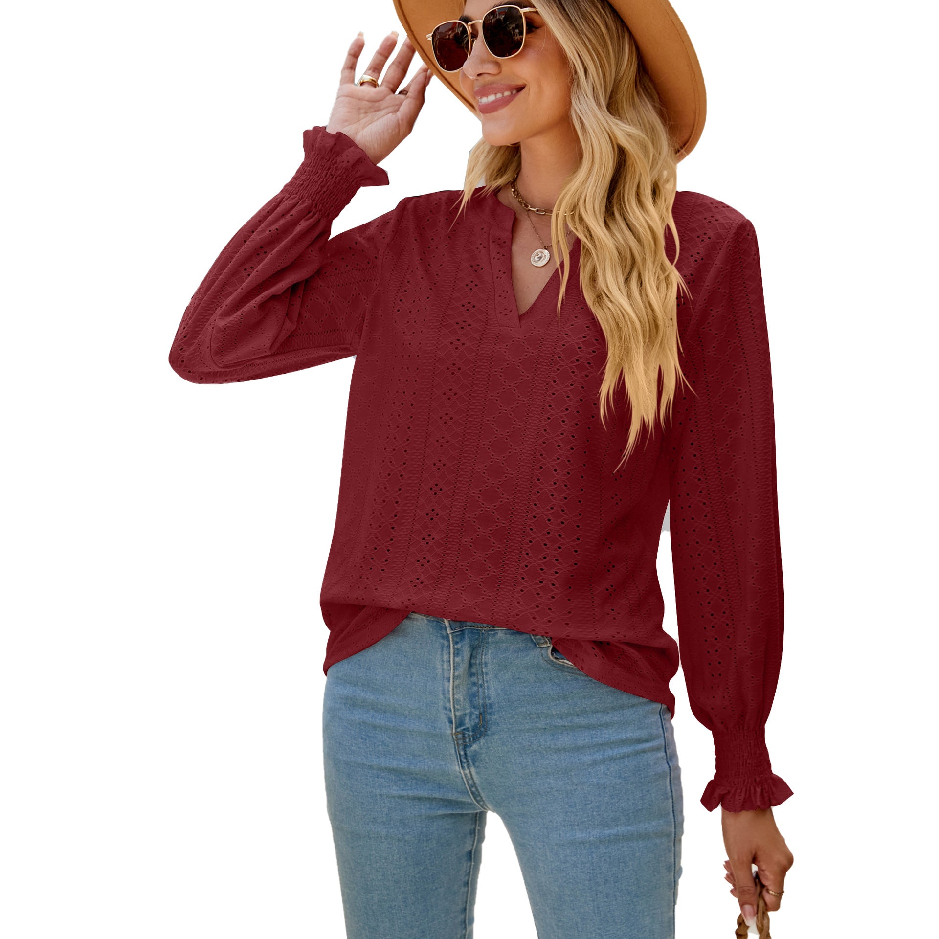 Solid Color Hollow-out Pleated Ruffle Shirt - V-neck Loose Long Sleeve Women's Top