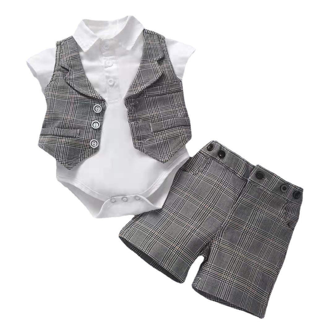 Baby Boy Gentleman Suit Romper Vest Shorts Bow Tie - Minihomy