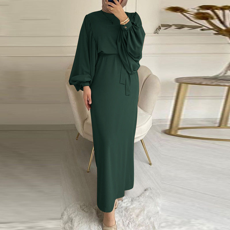 Women's Solid Color Long Sleeve Casual Muslim Abaya Dress Robe