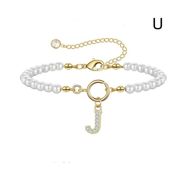 Personalized Initial Bracelet with Pearl Charm - A-Z Letter Toggle Clasp Jewelry Gift for Women - Minihomy