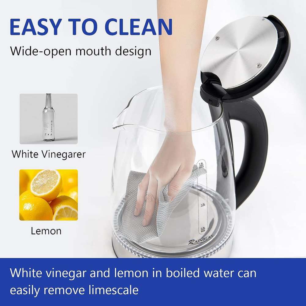 Electric Kettle Water Boiler, 1.8L Electric Tea Kettle, Wide Opening Hot Water Boiler With LED Light, Auto Shut-Off & Boil Dry Protection, Glass Black - Minihomy