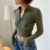 Half Zipped Stand Collar Midriff Outfit Skinny Knit Top - Minihomy