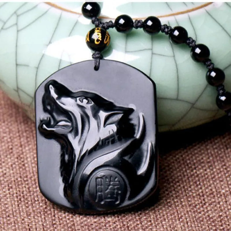 Obsidian Carving Wolf Head Amulet Pendant Necklace - Minihomy