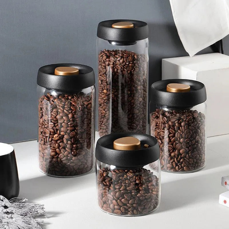 Vacuum Sealed Jug Set Black Coffee Beans Glass Airtight Canister Kitchen Food Grains Candy Keep Good Storage Jar Set Kitchen Gadgets