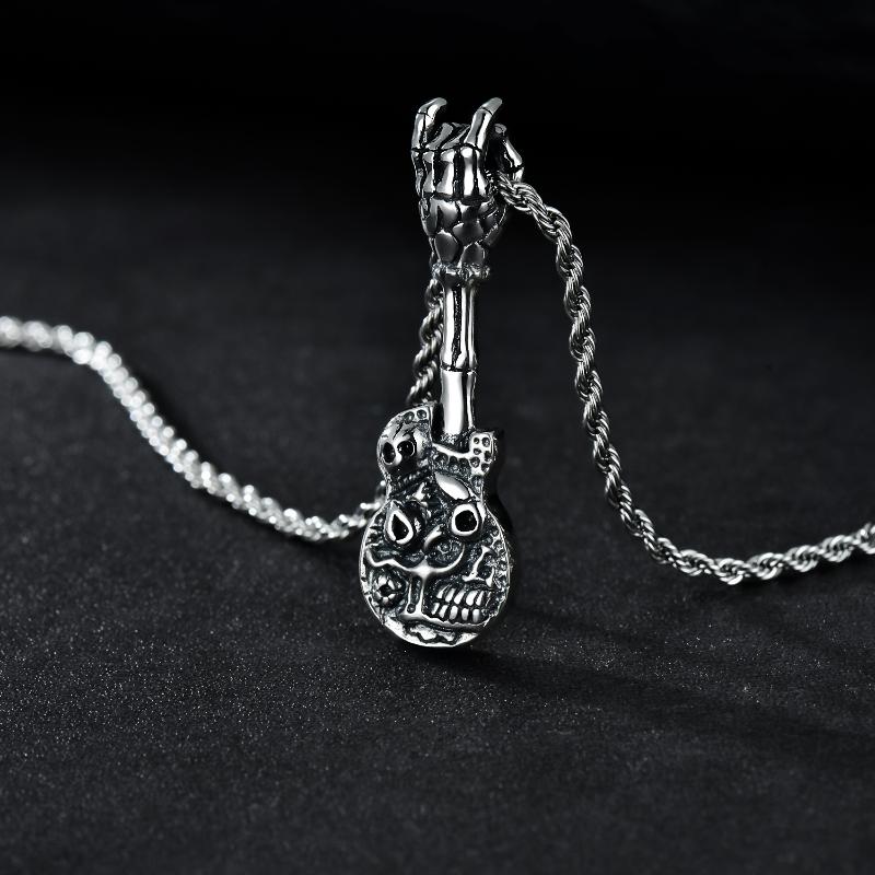 Skull Guitar Pendant for Men Punk Rock Gothic Skeleton Necklace for Men