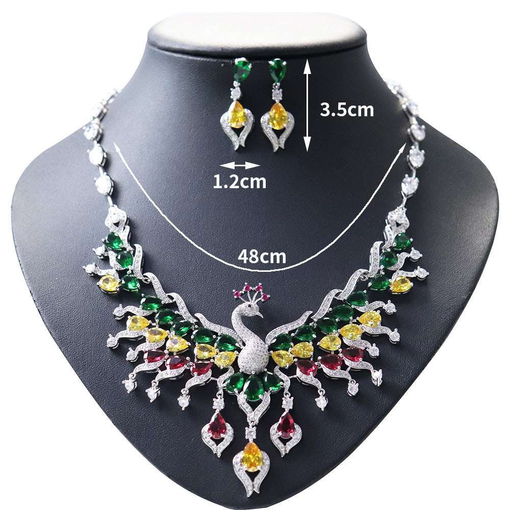 Ethnic Style Zircon Peacock Earring Set Tassel Colorful Clavicle Necklace Jewelry Set - Minihomy