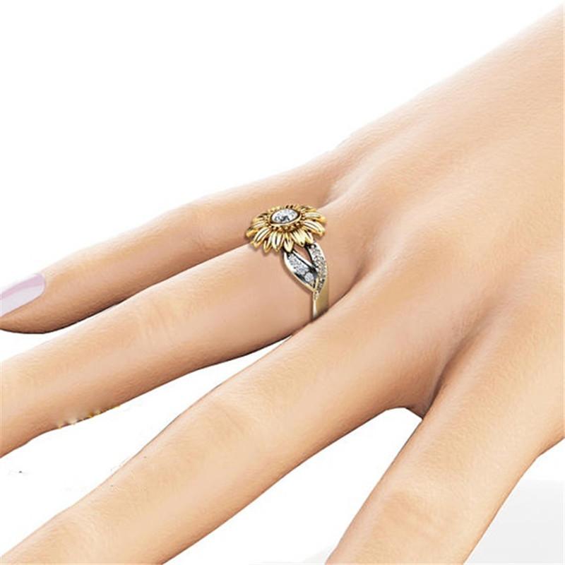 Gold-plated couple ring sunflower flower color separation zircon ring - Minihomy