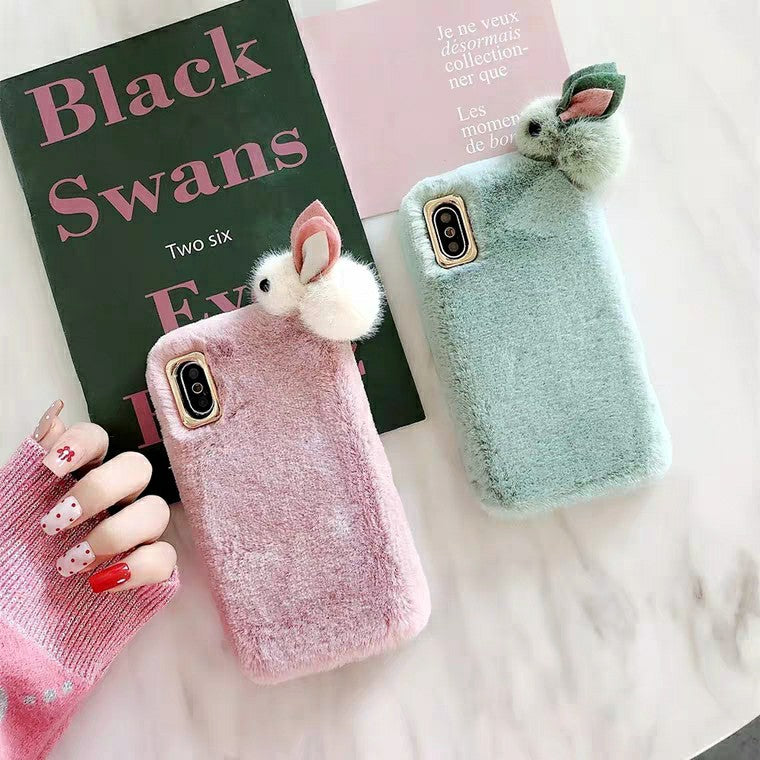 Cute Warm Rabbit Fur Plush diamond Phone Case - Minihomy