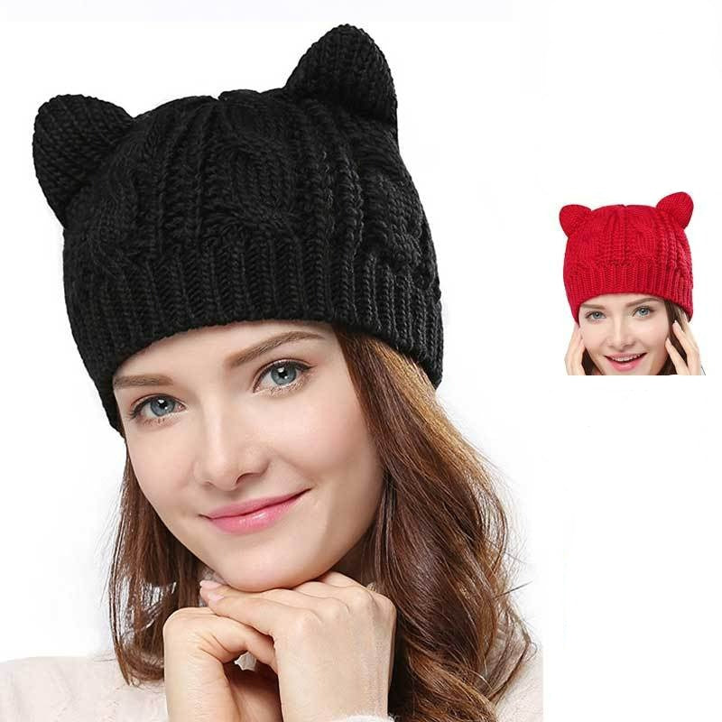 Hand Made 3D Cute Knitted Cat Ear Beanie Cap for Winter - Minihomy