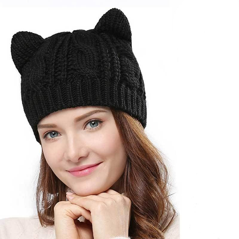 Hand Made 3D Cute Knitted Cat Ear Beanie Cap for Winter - Minihomy