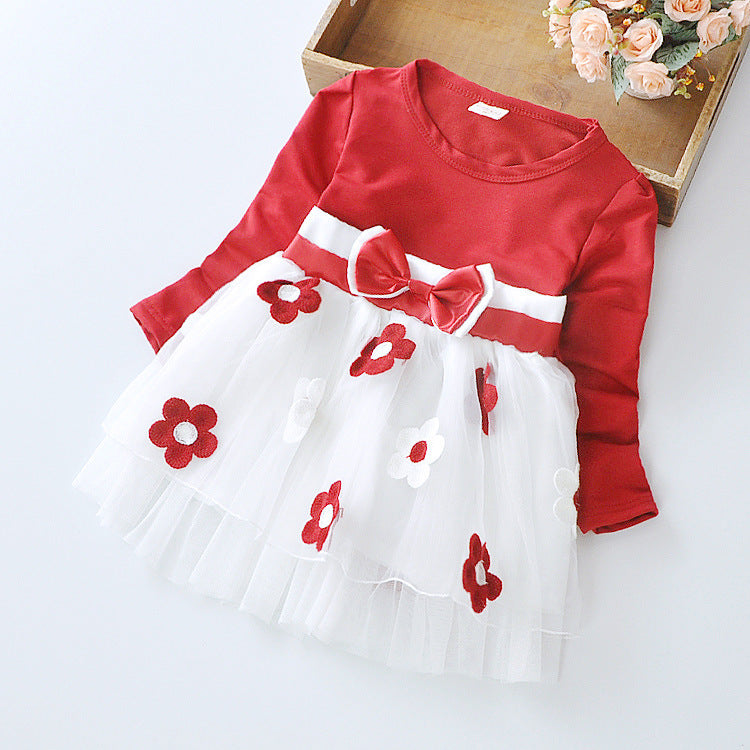 Flower bow long sleeve dress - Minihomy