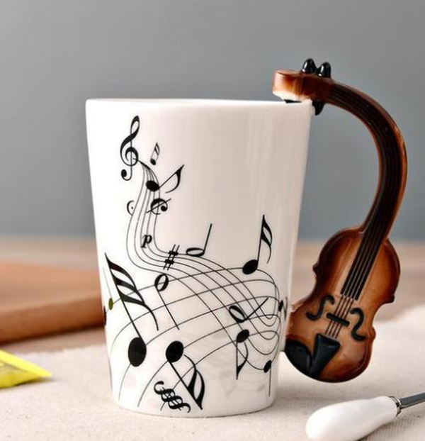 Coffee cup with music notes in the form of saxophone handle ceramic porcelain cup of tea milk method - Minihomy