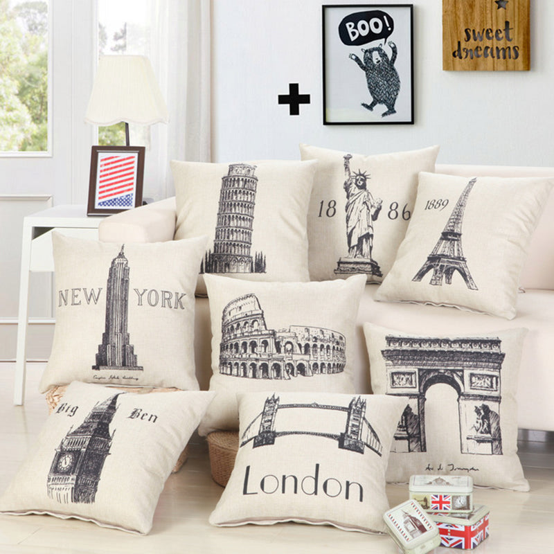 Great Buildings Print Pillow Cases London Paris New York Decorative Pillows - Minihomy