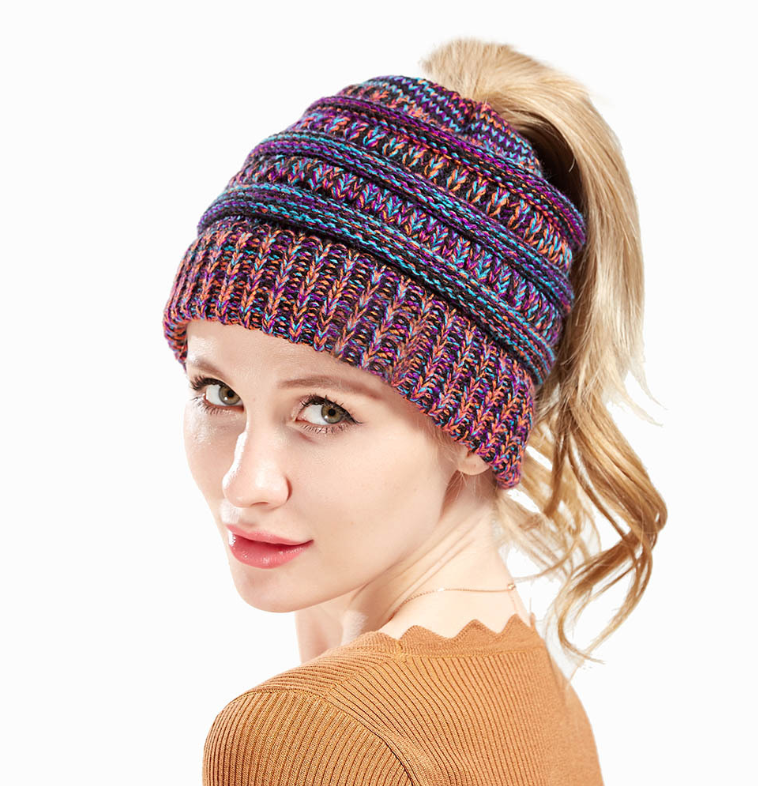 Mixed Color Knitted Wool Hat Ladies Non-labeled Ponytail Hat - Minihomy