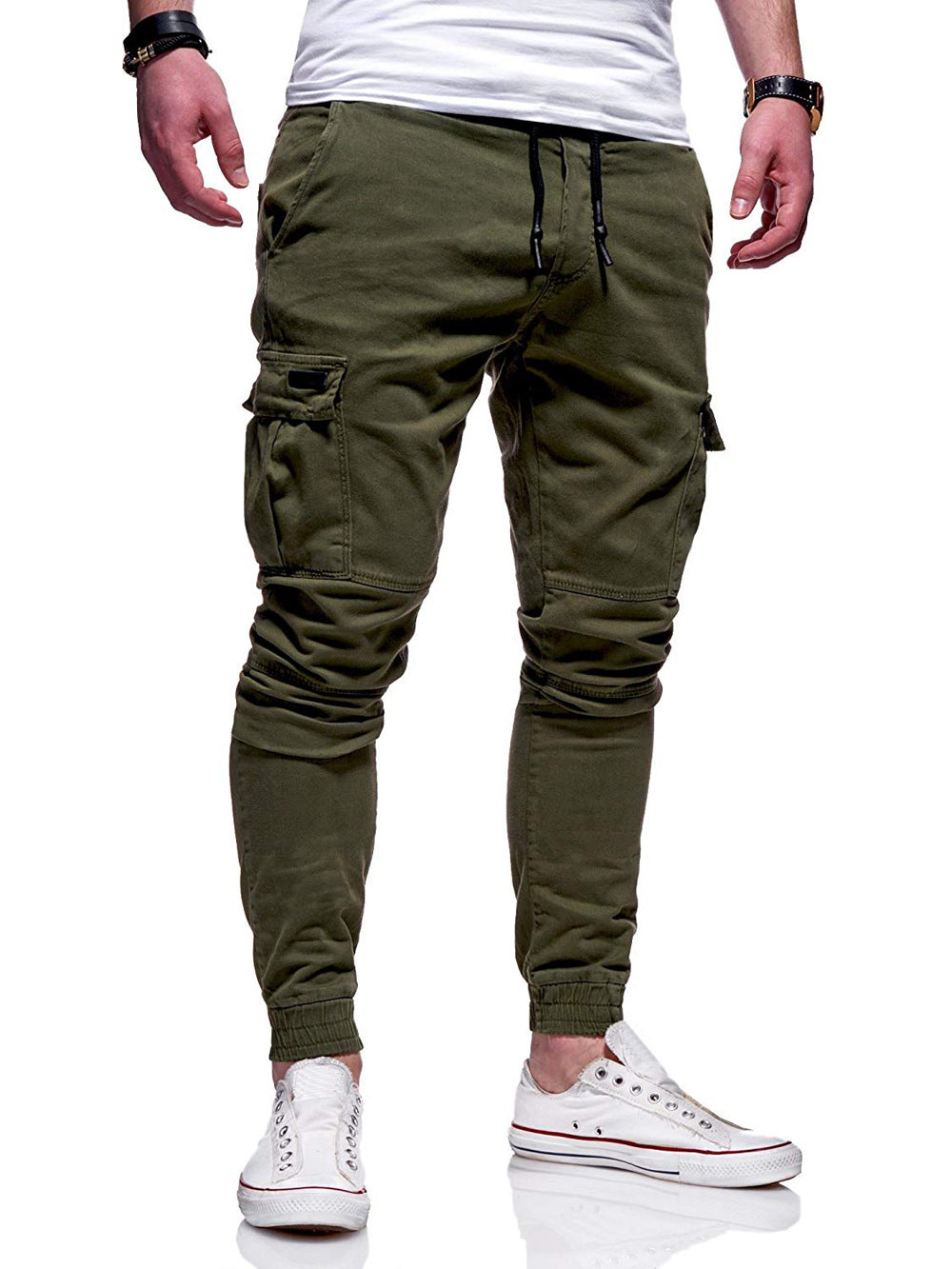 Casual Men Solid Color Multi Pocket Drawstring Ankle Tie Cargo Pants - Minihomy