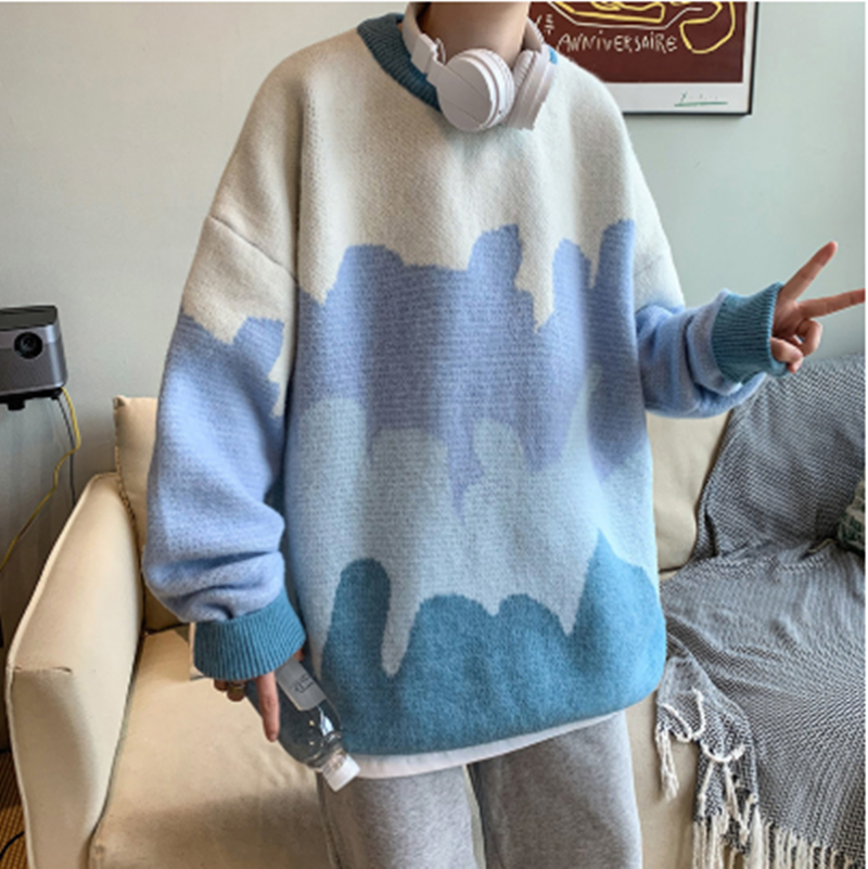 Harajuku-style Color Block Crew Neck Sweater Pullover Sweater - Minihomy